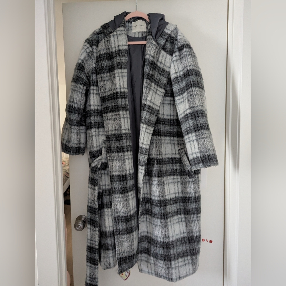 American Eagle Outfitters AEO Wool Blend Plaid Wrap Around Coat Belt Medium
